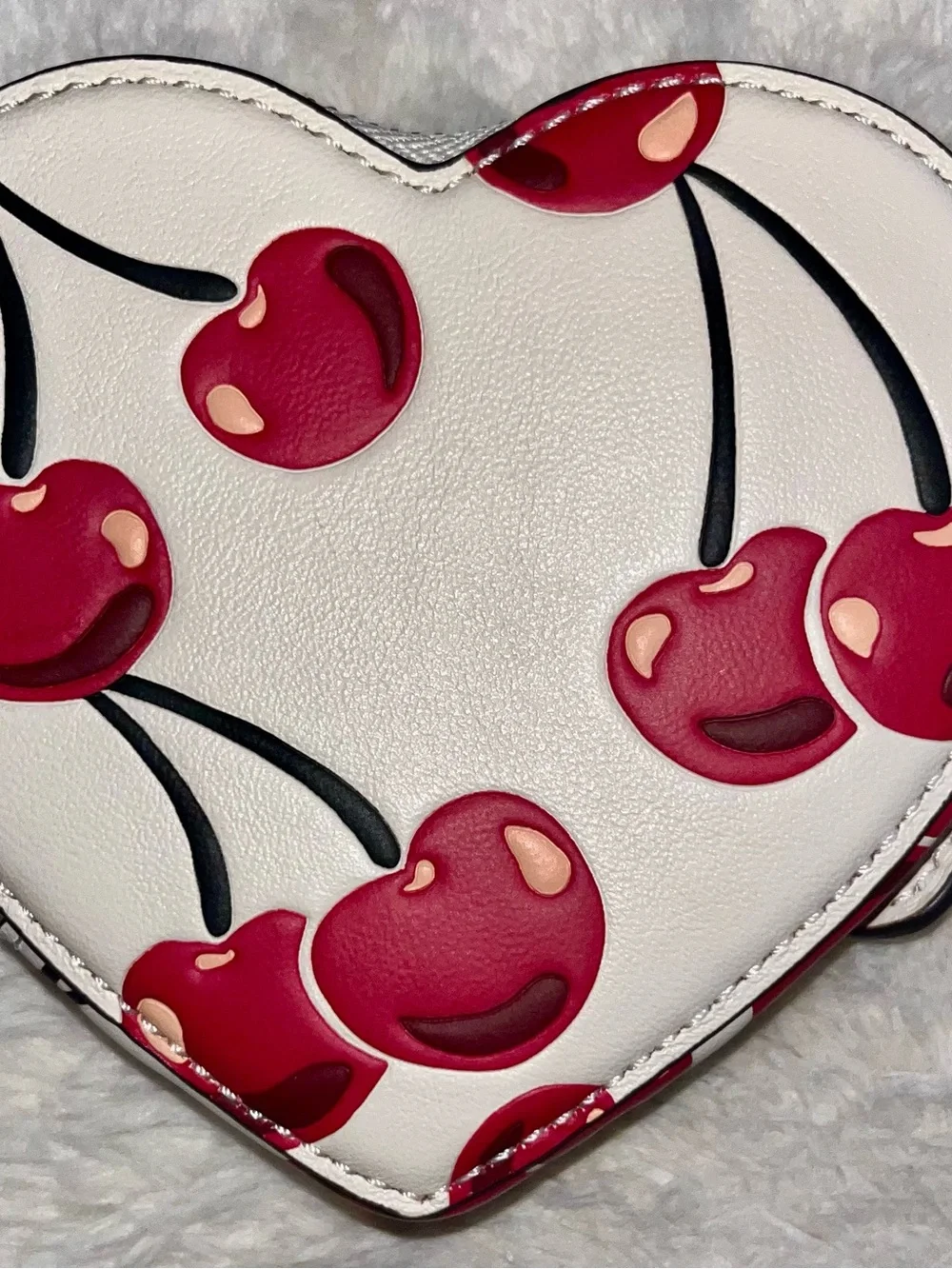 NWT Limited Coach CZ091 Leather Heart Coin Pouch Bag Charm With Cherry Print